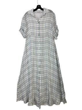 Mastro Moda Italian linen with crocheted lace back Plaid Maxi Shirt Dress